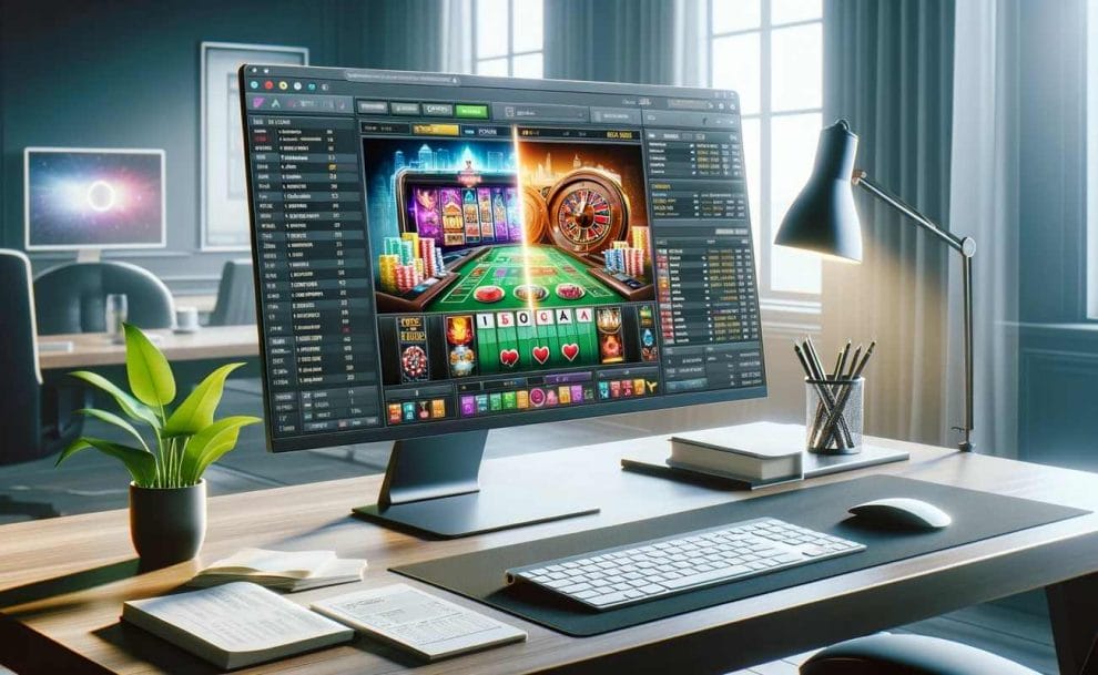 A sophisticated desktop setup with a high-resolution computer screen displaying a vibrant online casino interface 