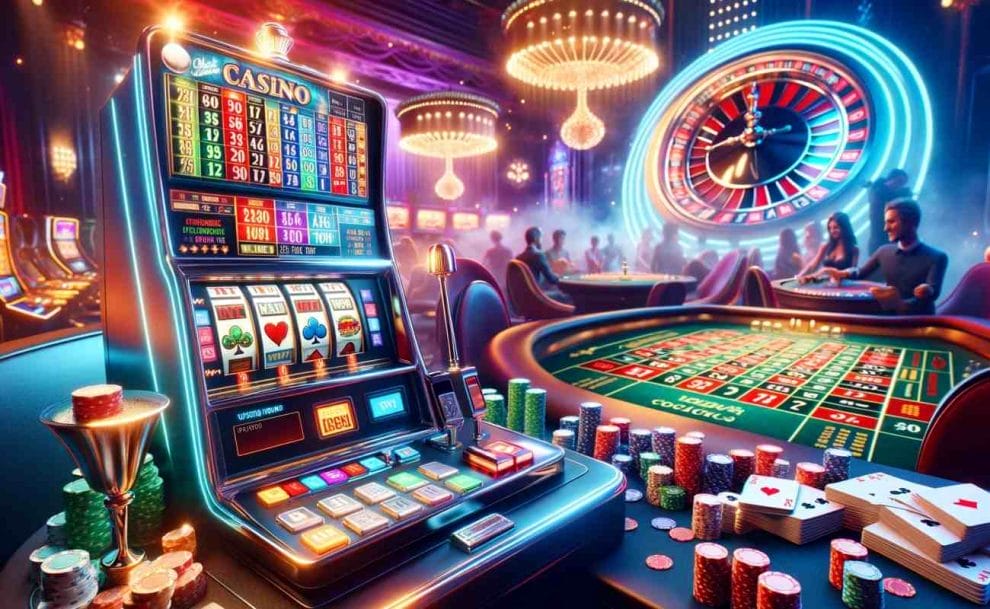 A vibrant and colorful online casino scene with a digital slot machine, virtual roulette, and digital poker cards.
