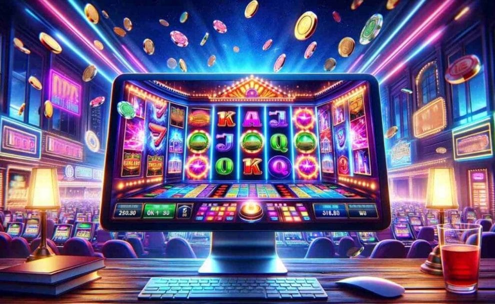A vibrant online slot machine interface with colorful reels, flashing lights, and big win animations