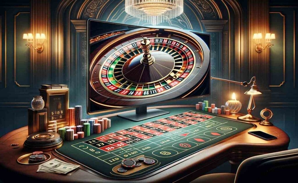 An online roulette game in progress, featuring a roulette table layout, a spinning wheel, and bets placed on numbers
