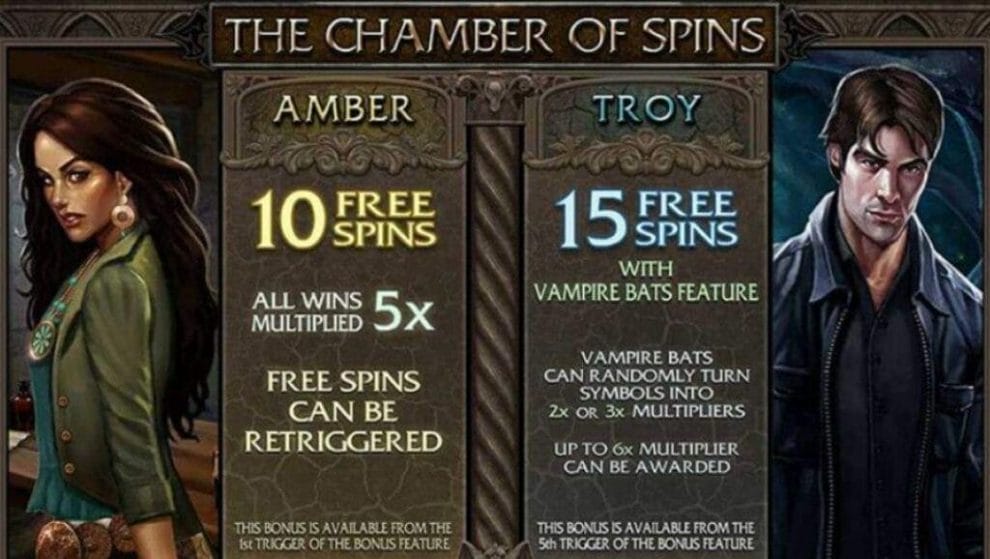 A screenshot of two tombstones describing how the Amber and Troy Free Spins features are triggered, with Amber to the left of the image and Troy to the right. 