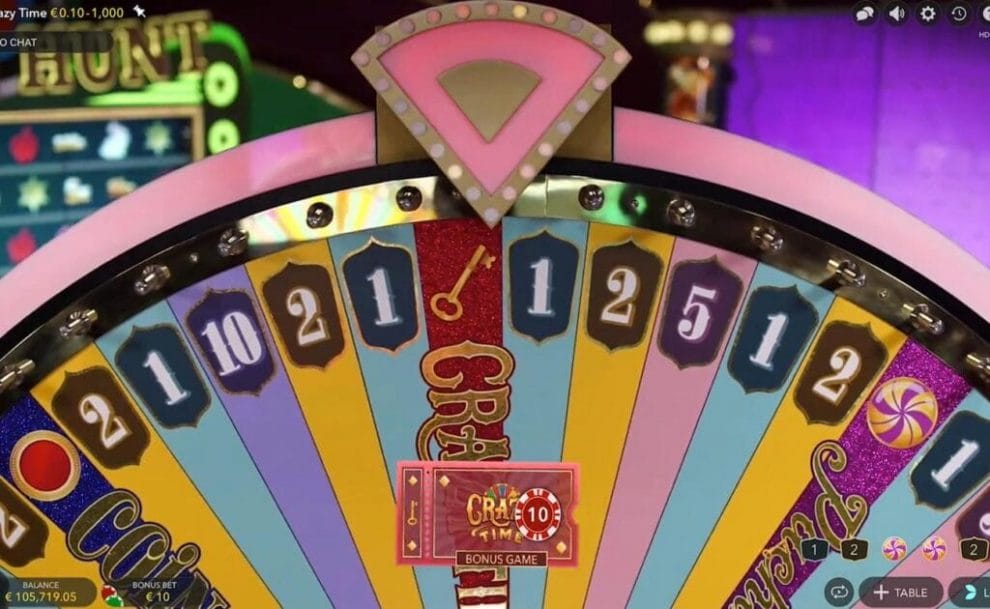 The gameplay screen in Crazy Time from the Evolution promotional video. The camera is close up on the wheel as it comes to a stop on the Crazy Time bonus game.