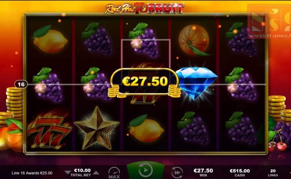 Grid reel gameplay in Reel Hot 7s Classic Slot by Ainsworth, with a total winning of €27.50 