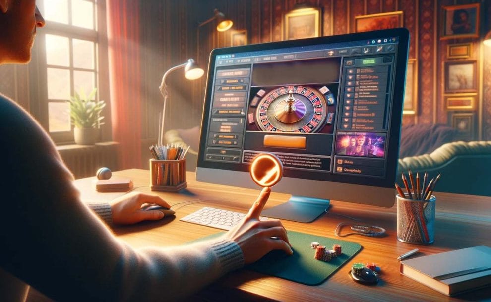A home office scene with a blurred online casino interface on a computer screen and hands pressing a metaphorical pause button