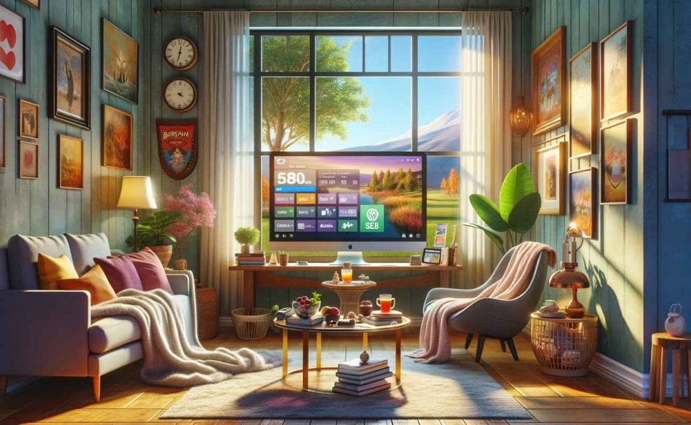 A peaceful living space with a comfortable chair, a book, and a cup of tea on a side table, near a window showing a calm outdoor scene, illustrating a break from online gambling.