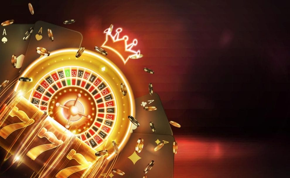 A montage of casino games including a slot reel, roulette, and playing cards against an orange and black background. A neon yellow crown outline hovers above the roulette wheel. 
