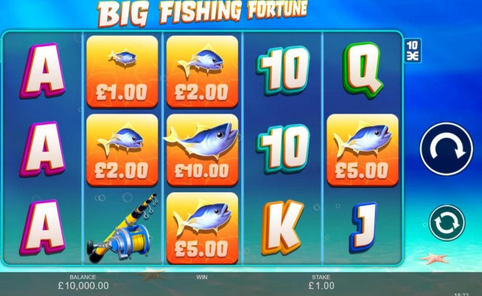 A screenshot of Big Fishing Fortune. The reels contain various symbols including fish with cash values and fishing reels, as well as standard symbols such as A, K, Q, and J. The background is a crystal blue ocean and the ocean floor.