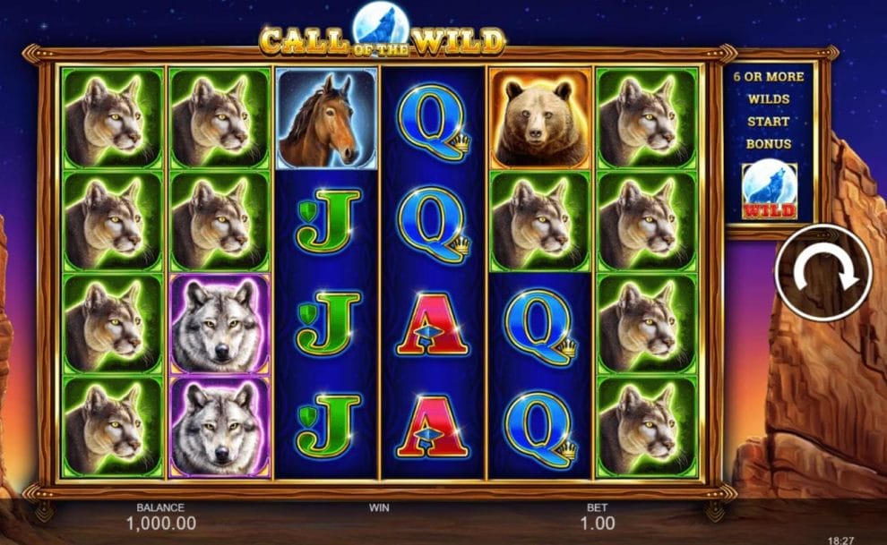 A screenshot of Call of the Wild. The reel is set against the American desert and contains various wild animals including a horse, bear, mountain lion, and wolf.