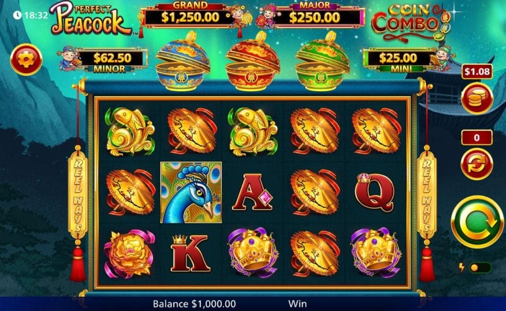 A screenshot of Perfect Peacock Coin Combo. The background is a beautiful green and blue sky with a forest below. The reels contain various Asian-influenced symbols including a gold fish, umbrella, crown, and a blue peacock.