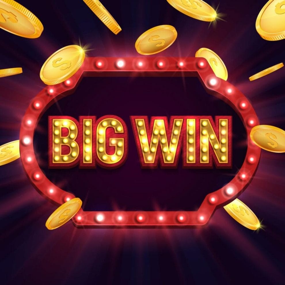 The words “Big Win” in red and gold with bright lights on it and around it. Coins are flying around the text.