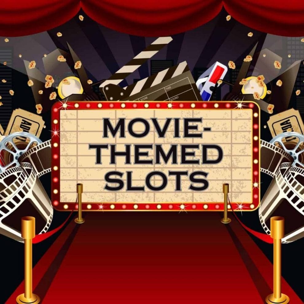 A theatre marquees with the words “movie-themed slots” on it, on a background of a red carpet and iconic film imagery such as 3D glasses, film reels, movie tickets, a director’s clapperboard.