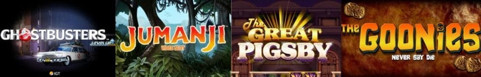 A banner image showing the logos for The Great Pigsby, Jumani, The Goonies, and Ghostbusters Plus slot games, all available at Borgata Online. 