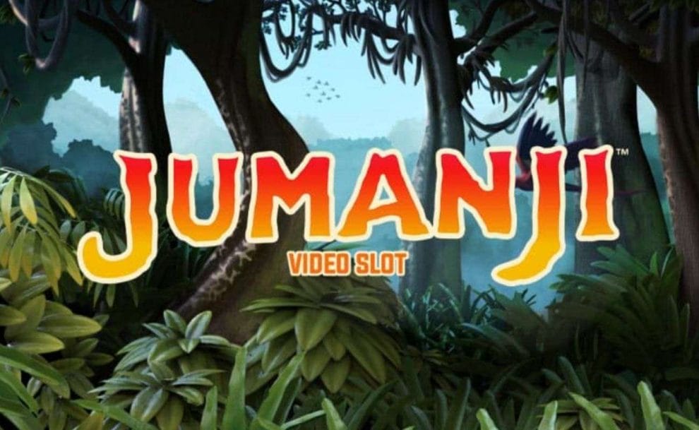 The logo of Jumanji by NetEnt, featuring the game’s title on a jungle background complete with trees, birds, and greenery. 