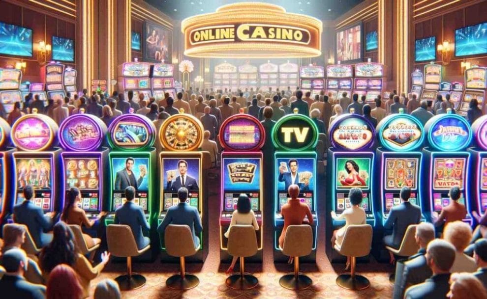 Casino scene with a focus on brightly themed TV show slot machines.