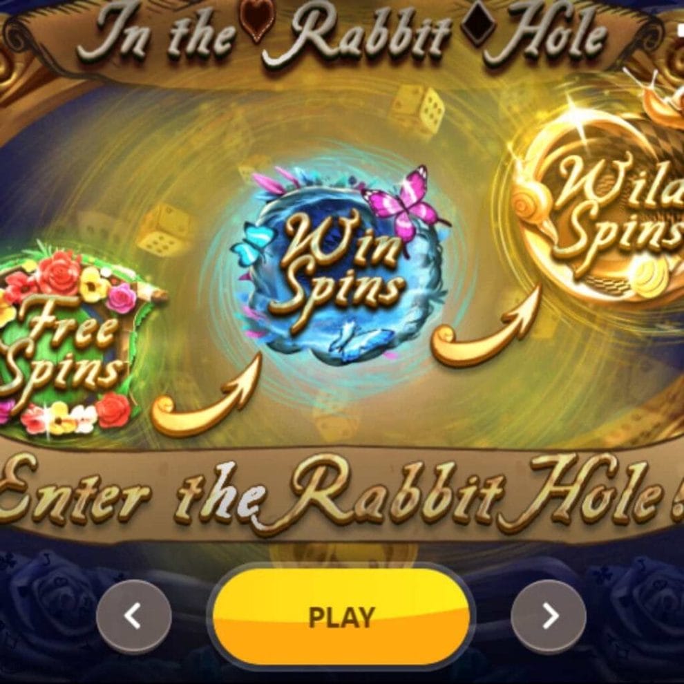 In the Rabbit Hole loading screen with the free spins, win spins and wild spins logos in gold and against a gold and blue background with butterflies, roses and dice.