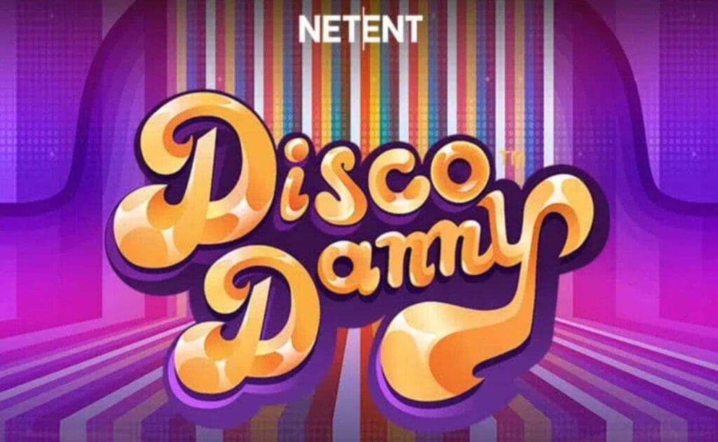 The Disco Danny slot game title screen featuring the game’s logo in a bubbly-60s style font in the center of the image, colorful lines making up the background, and a small NetEnt logo at the top. 