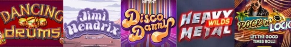 A banner image showing the logos for the music-themed slots Dancing Drums, Jimi Hendrix, Disco Danny, Heavy Metal Wilds, and Rock’N’Lock.