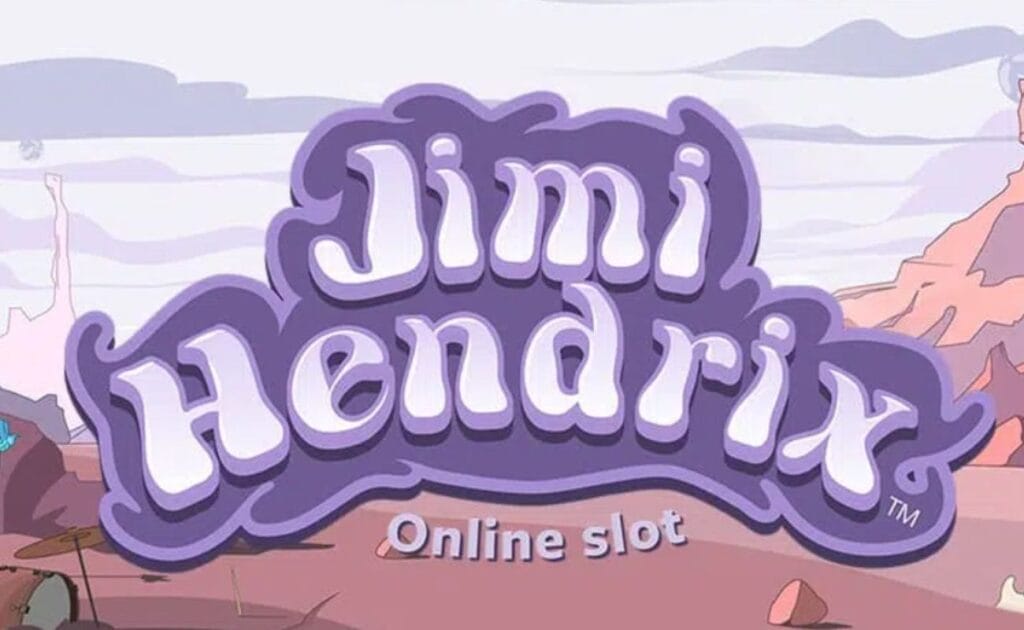 A screenshot of the Jimi Hendrix slot game title screen featuring the game’s logo in purple pastel colors with a 2D, cartoon-style desert as the background. 