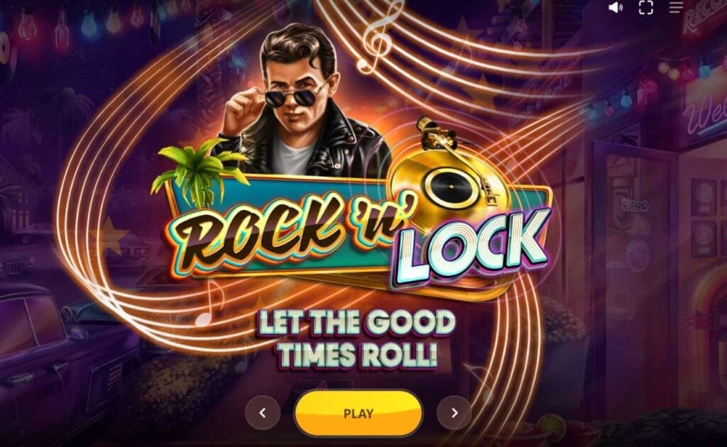 The Rock’N’Lock title screen featuring the game’s logo with James Dean behind it, a faded view of nightclub from the sidewalk behind it, and neon music notes and lines framing the logo. 