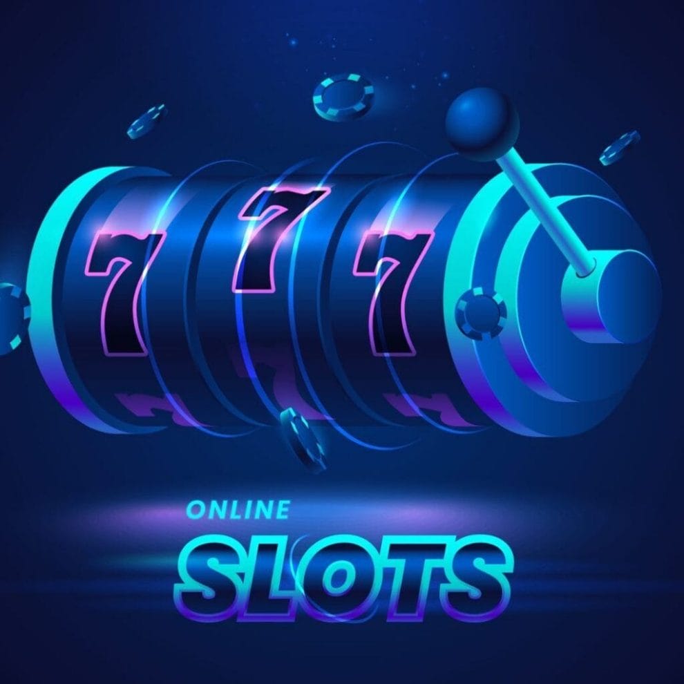 A classic slot reel showing three 7 symbols, surrounded by casino chips with the words “Online Slots” below, all in blue tones.