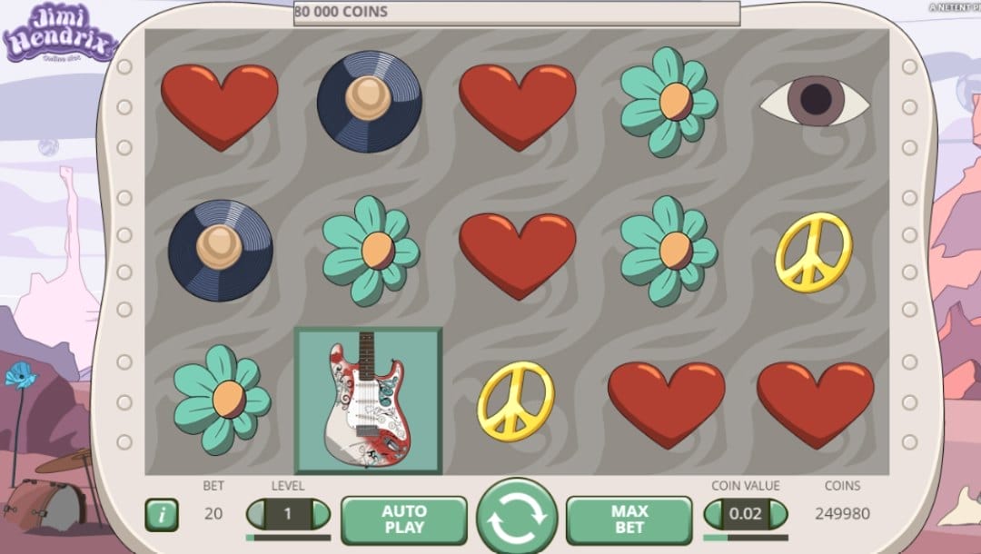 Jimi Hendrix online slot with vinyl records, an electric guitar, a peace sign, flowers and hearts on a grey pastel reel. The reels are placed on a pastel psychedelic background.