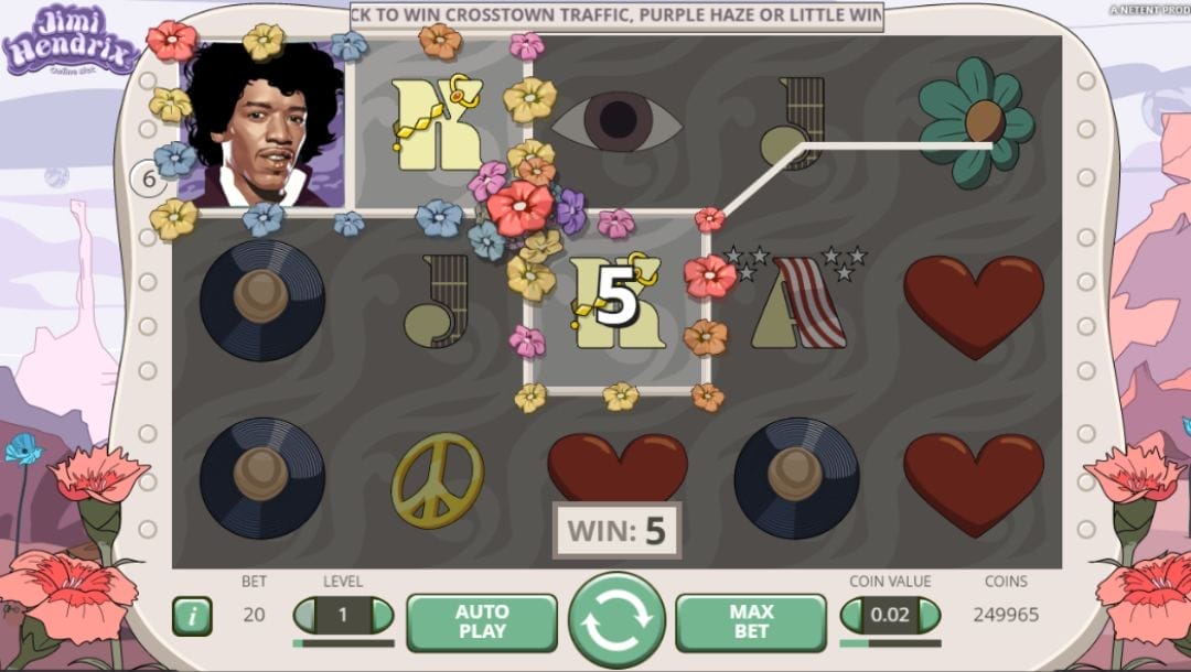 Jimi Hendrix online slot with vinyl records, flowers, red hearts, and yellow playing card symbols on grey reels. The background reveals a pastel psychedelic background with a mountain and flowers.