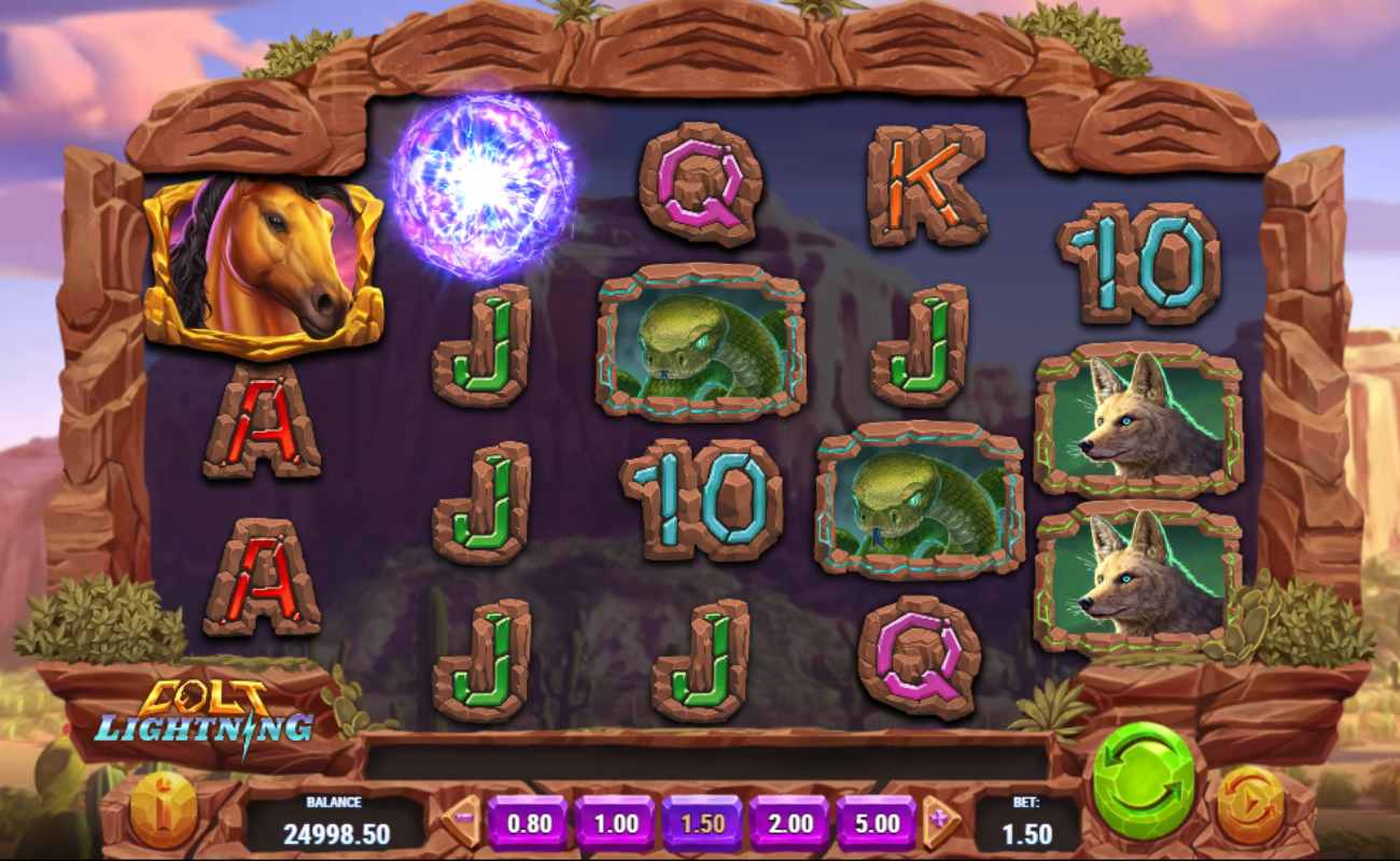 Colt Lightning reels feature stone-colored playing card symbols, a snake, a fox, and the colt’s face. The game's background shows a North American canyon.