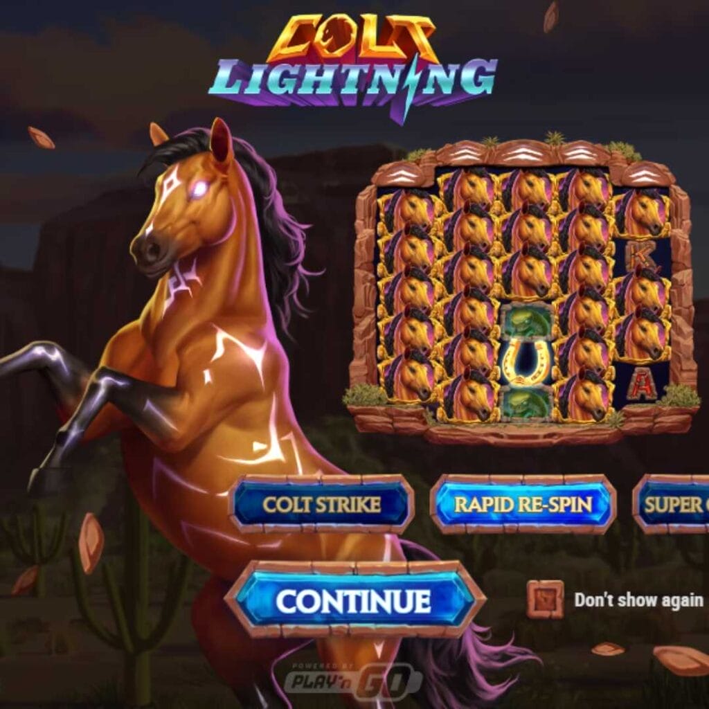 Colt Lightning is an online slot featuring a colt struck by lightning. The reels are filled with the colt’s face, a horseshoe, and playing card symbols against a maroon background.