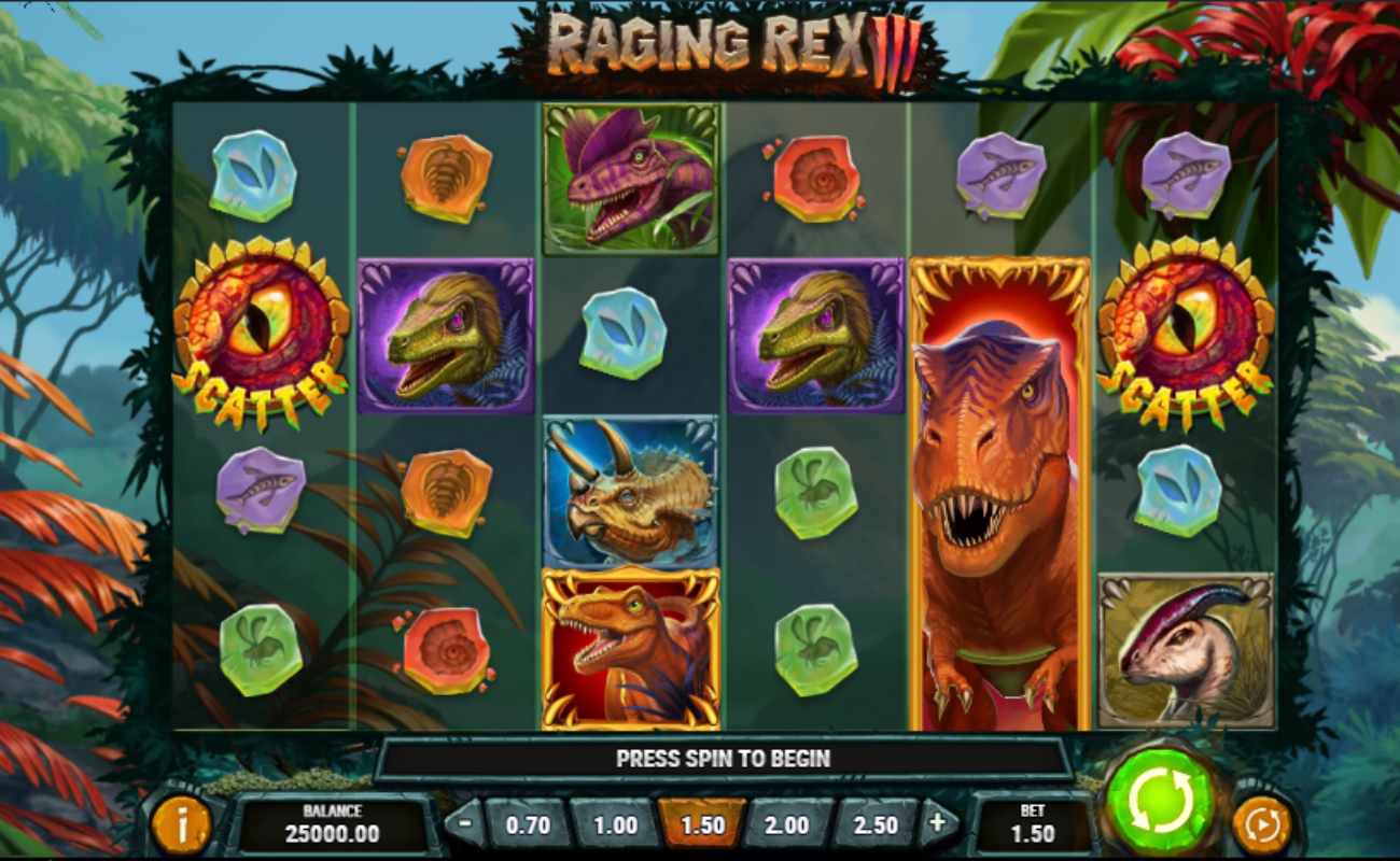 Raging Rex 3 online slot screen with dinosaurs, a reptilian eye and colored stone scatter symbol against a jungle background.