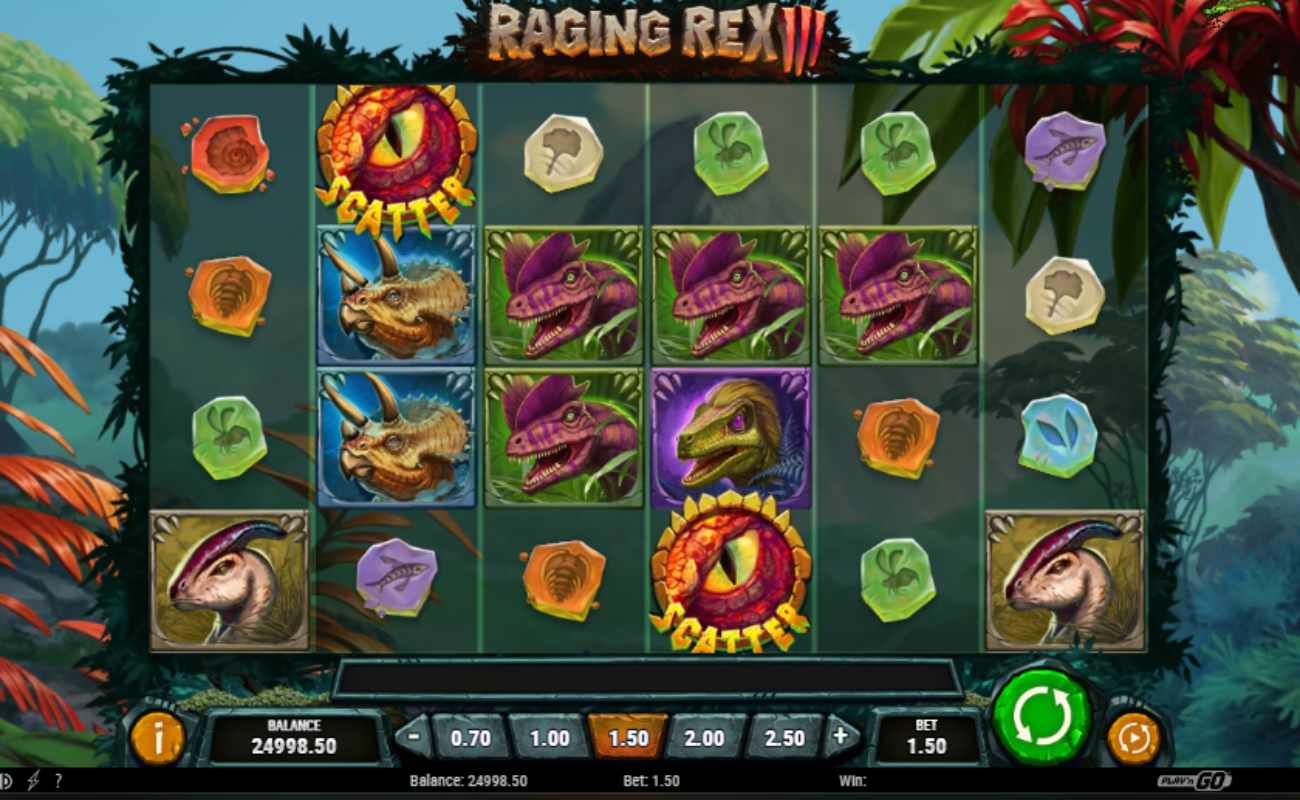 Raging Rex 3 online slot with dinosaurs, a reptilian eye scatter symbol and green, purple, blue, red and beige stone symbols with a jungle in the background filled with orange and green leaves.