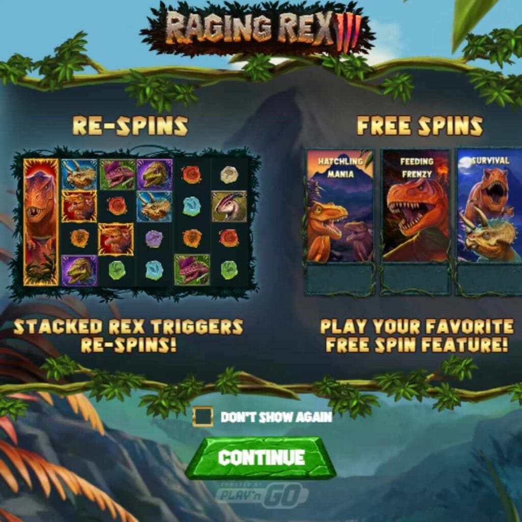 Raging Rex 3 loading screen with tiny reels filled with dinosaur and gemstone symbols against a mountainous backdrop.