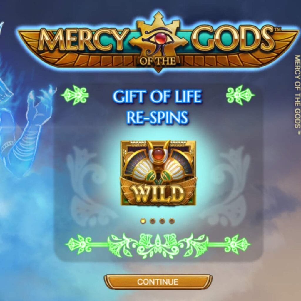 Mercy of the Gods title written in gold with the Gift of Life Re-Spins feature in the center over a blue and white translucent background.