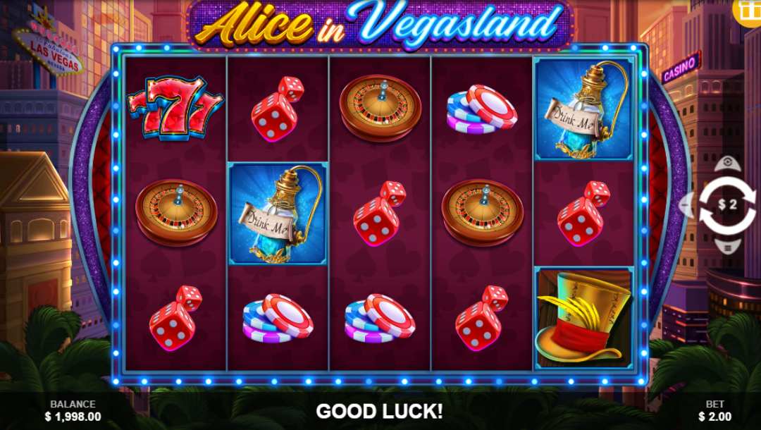 Alice in Vegasland game screenshot, with casino chips, dice, a potion, and a top hat on maroon reels.
