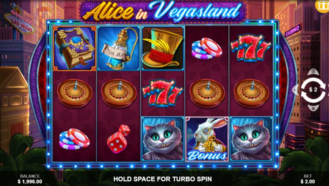Alice in Vegasland slot reels with roulette wheels, books, casino chips, dice, and a White Rabbit bonus symbol.