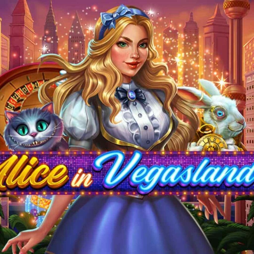 Alice in Vegasland logo on a neon yellow, blue, white and purple sign with Alice, the white rabbit holding a gold pocket watch, and the mad cat against a Las Vegas cityscape background.