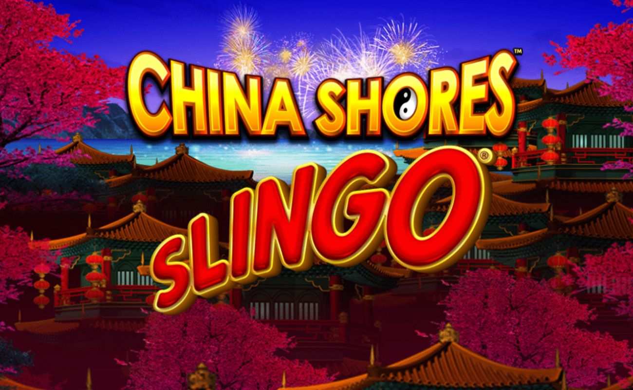 The China Shores Slingo logo on a detailed background of blossom trees and Pagodas (traditional Oriental-style buildings) at night with fireworks going off in the distance.