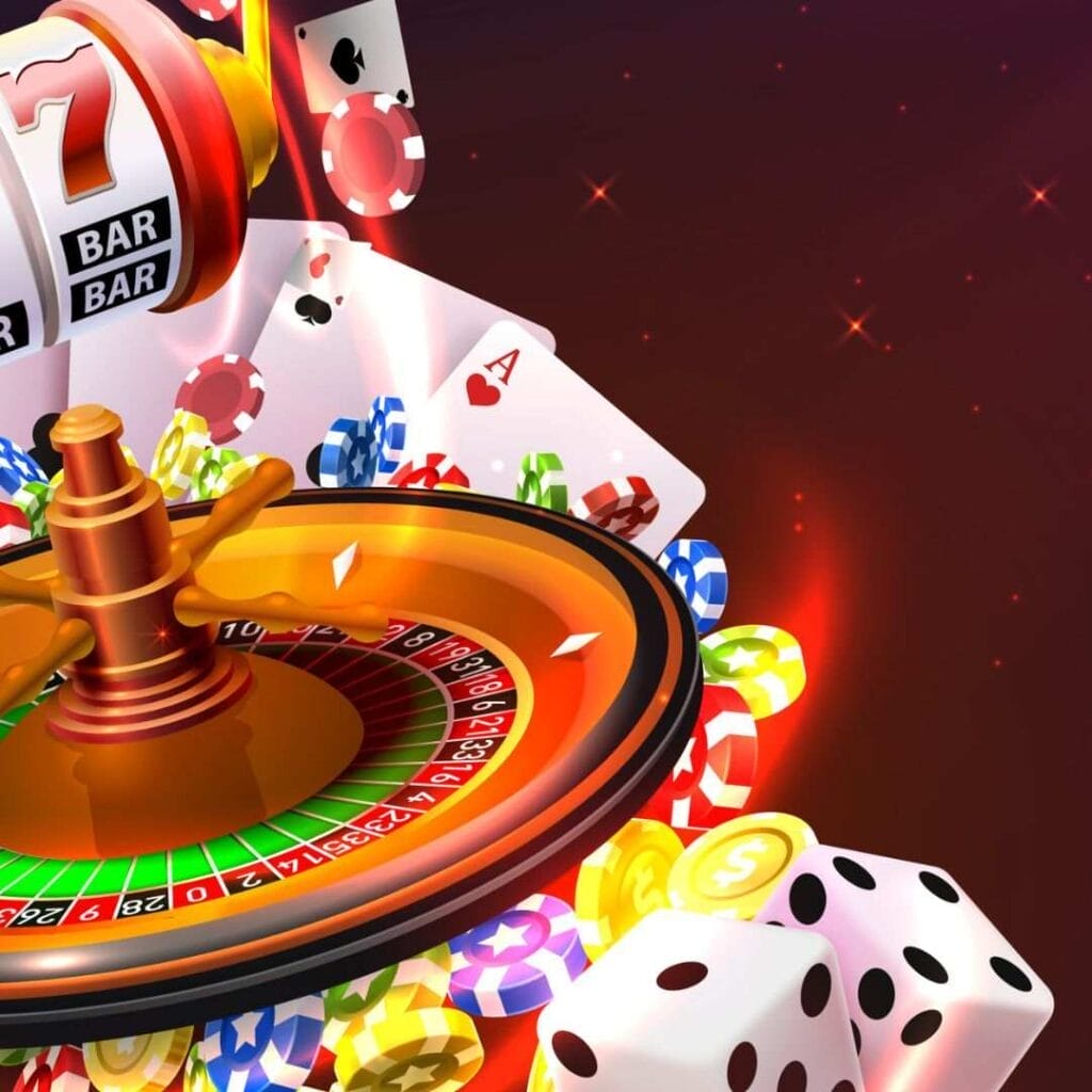 A vector image of a roulette wheel, casino chips, a classic slot reel, playing cards, and dice on a dark red background.