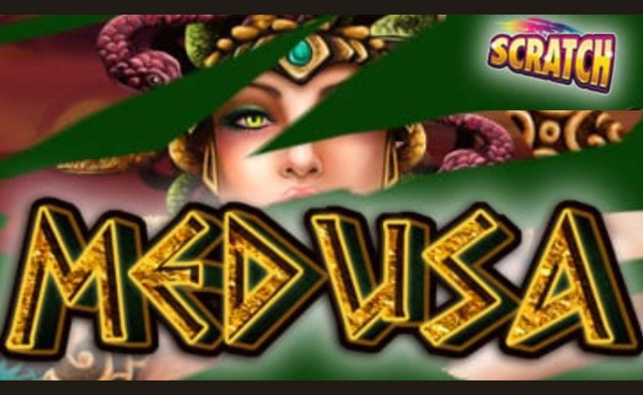 An image that looks like a green screen has been scratched to reveal the Medusa slot game logo with the Scratch logo in the top-right corner.