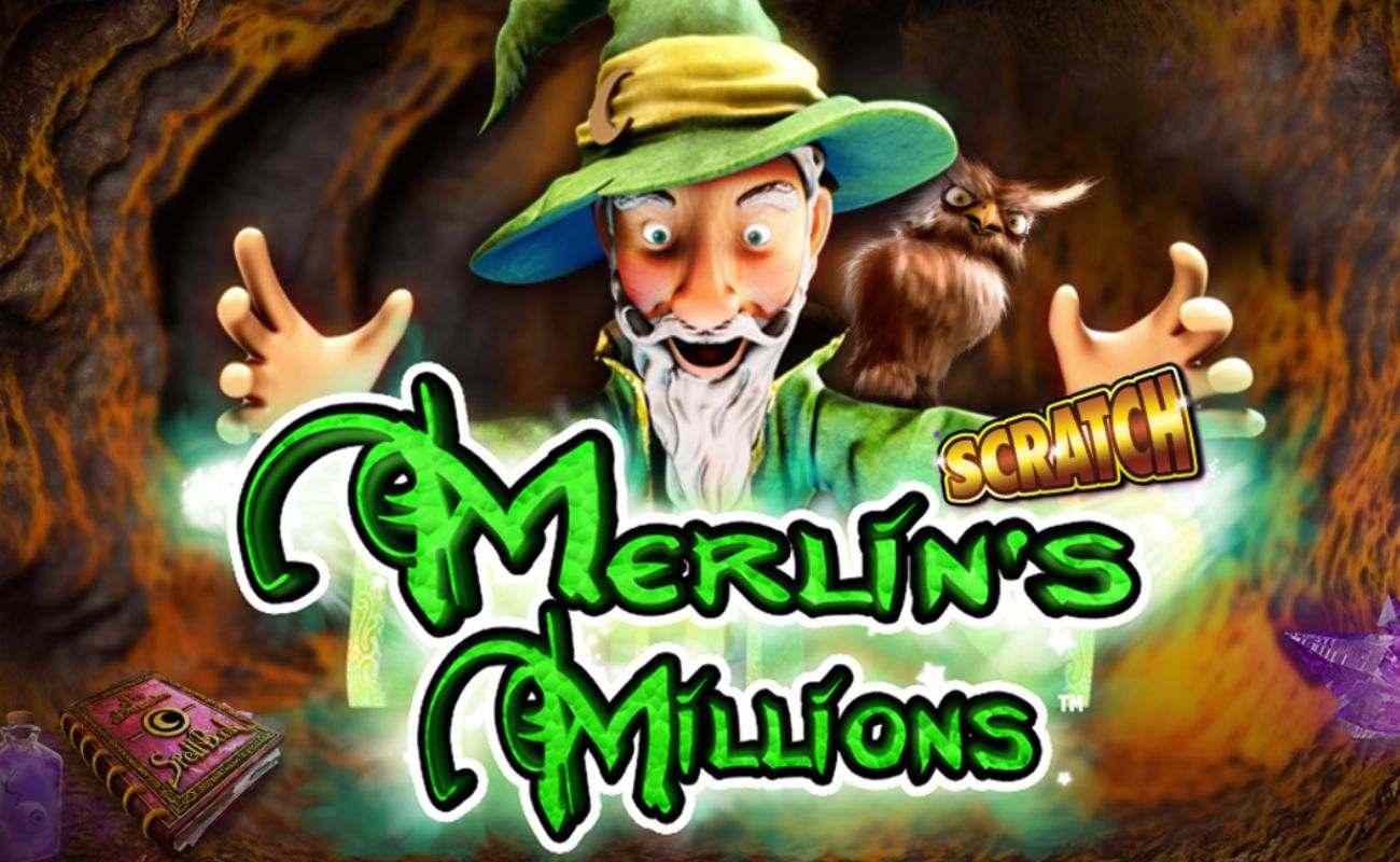 The title screen for Merlin’s Millions Scratch featuring the Merlin character in a cave with an owl on his shoulder and spell books in the background.