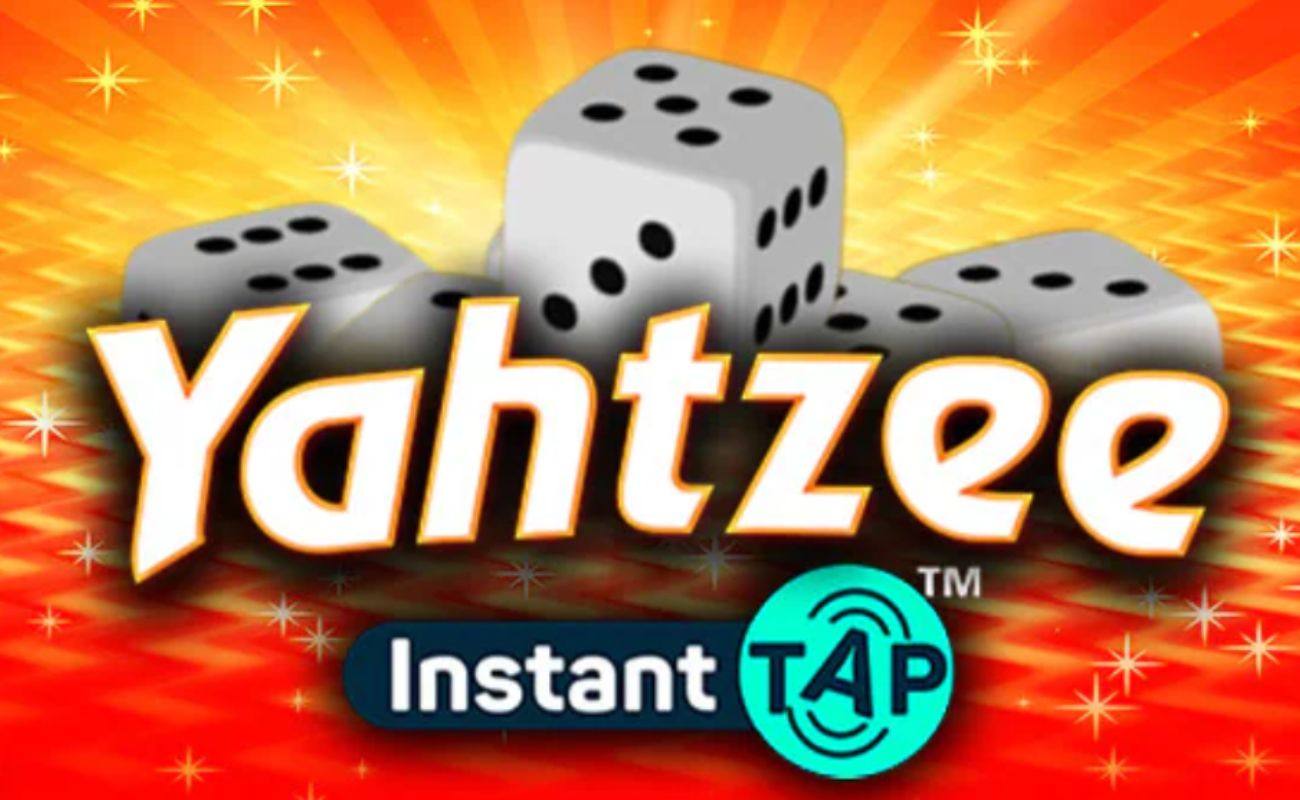 The title screen for Yahtzee Instant Tap showing the game’s logo and six, white, six-sided dice against a background made up of oranges, yellows, and faded white stars.