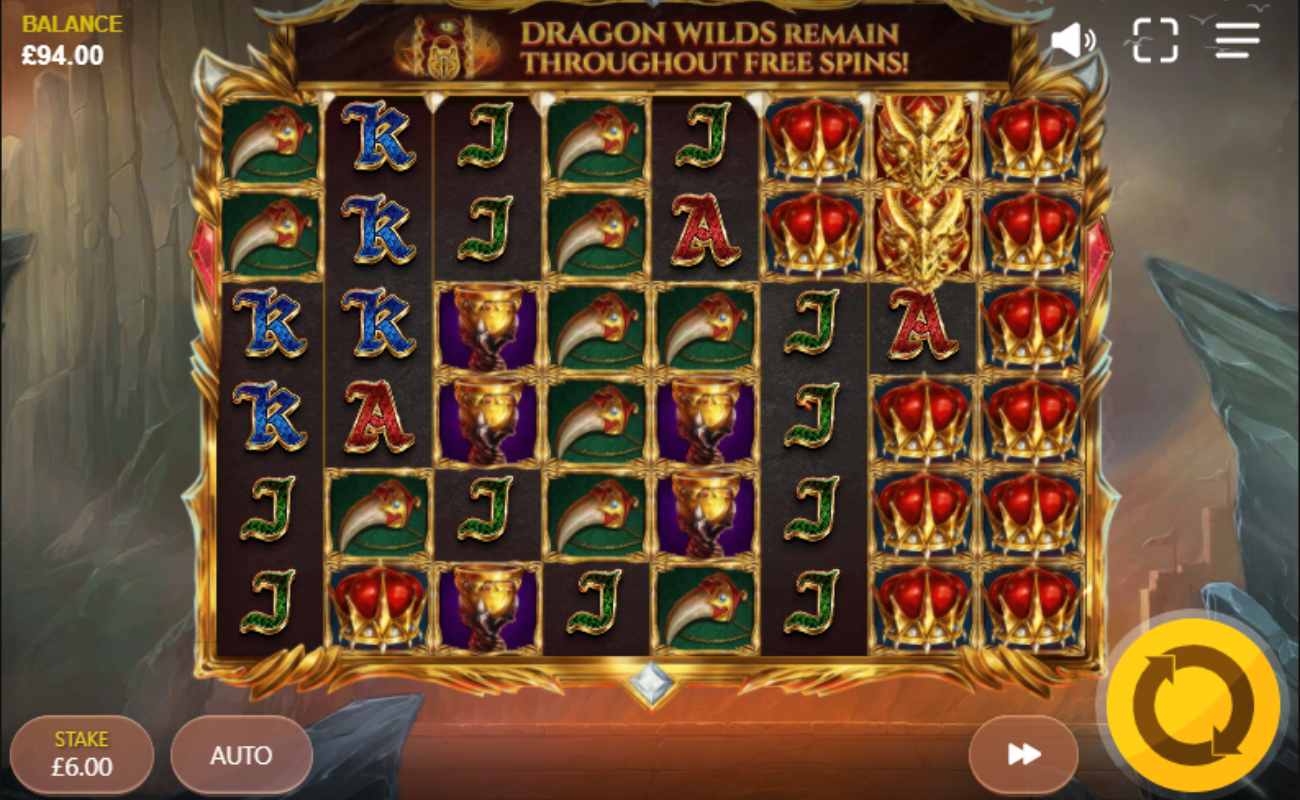Screenshot of Reel Keeper Power Reels online casino game, showing gameplay, and gold crowns, gold dragon faces, dragon teeth, and gold goblet slot symbols.