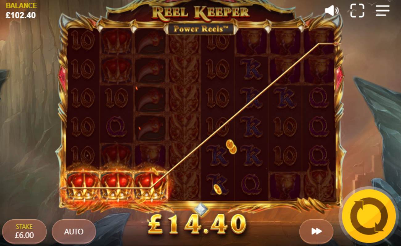 Screenshot of Reel Keeper Power Reels online slot game, showing a £14.40 win.
