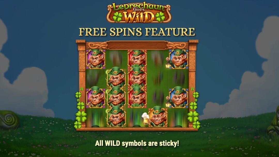 Leprechaun Goes Wild online slot feature screen, featuring a 5×4 reel grid with leprechaun icons in various colors spinning on the reels against a green field and cloudy blue sky.