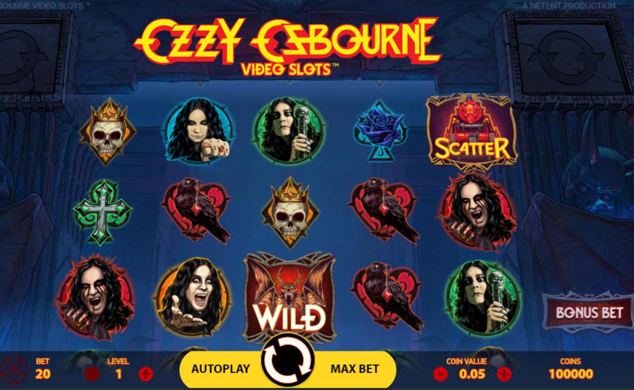 Ozzy Osbourne video slot with a dark blue background. The reels feature Ozzy-inspired symbols and skulls, birds, and crucifixes on the reels.