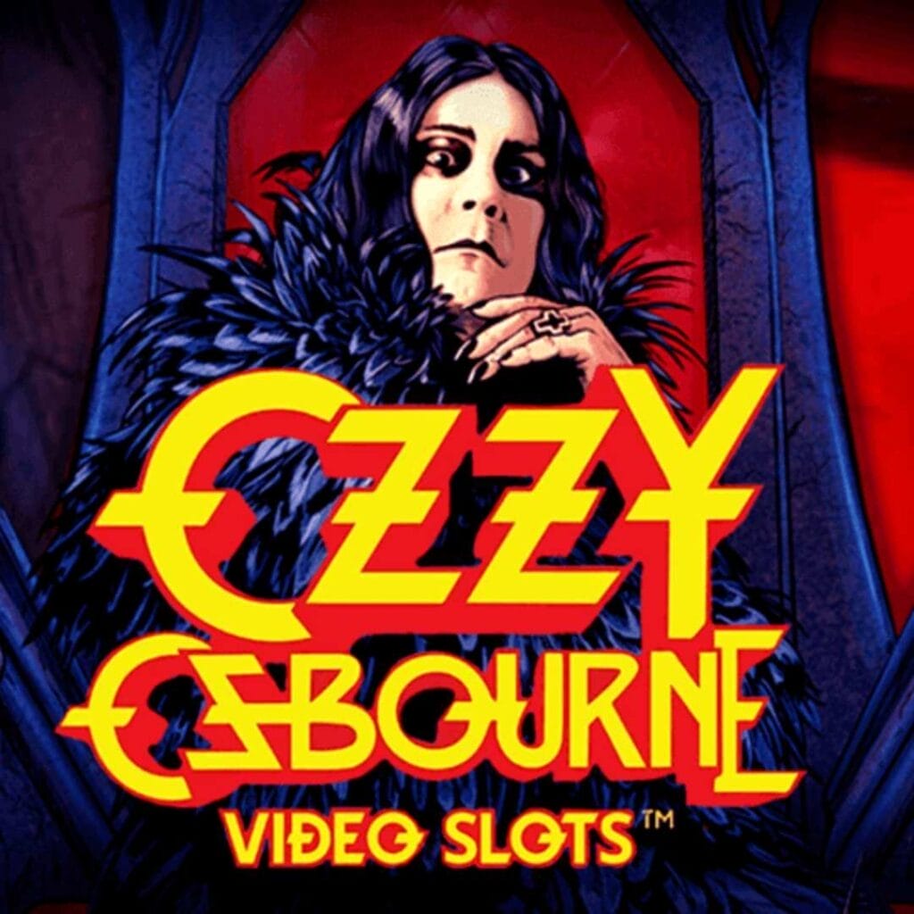 Ozzy Osboune Video Slot logo in yellow and red over a cartoon-style picture of Ozzy Osborne sitting on a yellow and dark blue throne.