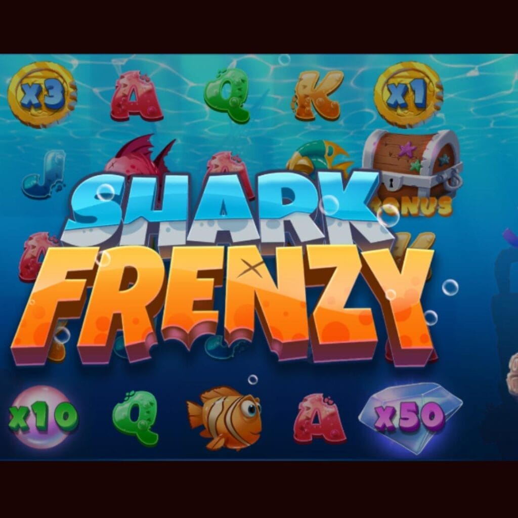 Shark Frenzy online slot game with the game’s logo in blue, white and orange over the underwater slot reels.