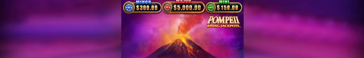A screenshot of the jackpots in Pompeii Rising Jackpots with the game’s title visible.