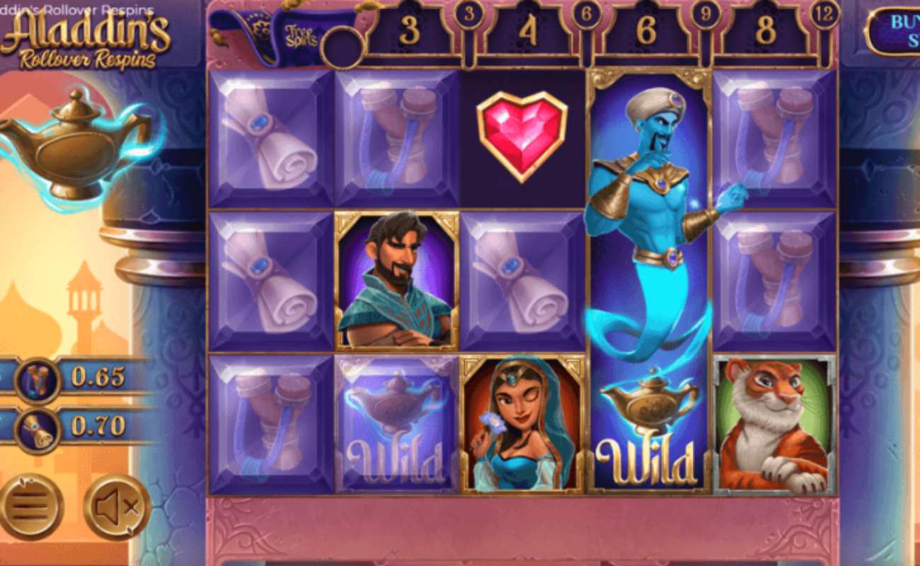 Aladdin’s Rollover Respins online slot with tigers, gems, scrolls and Aladdin character symbols on the reels.