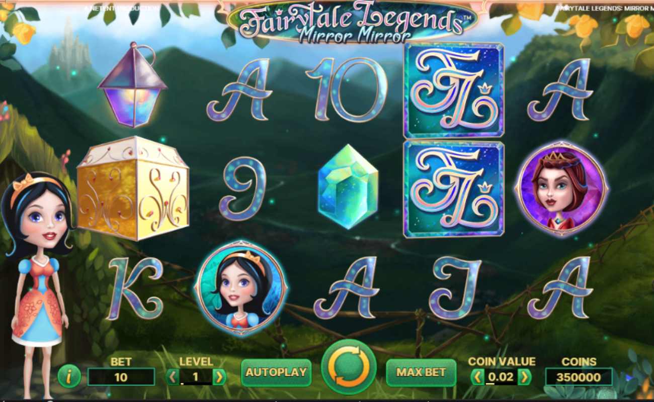 Fairytale Legends: Mirror Mirror slot reels with gemstones, the evil queen and Snow White against a forest background.