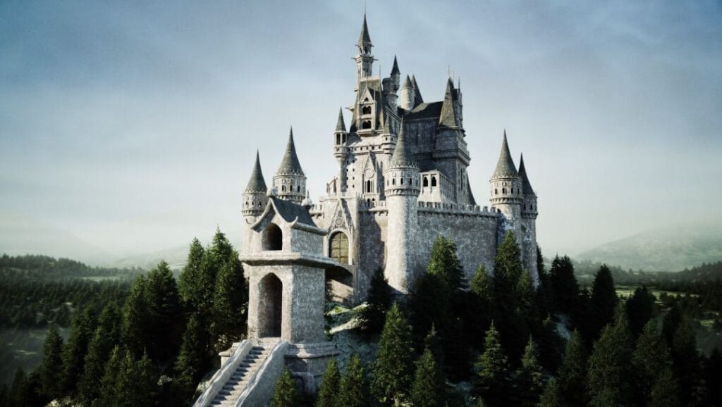 Fairytale castle surrounded by trees.